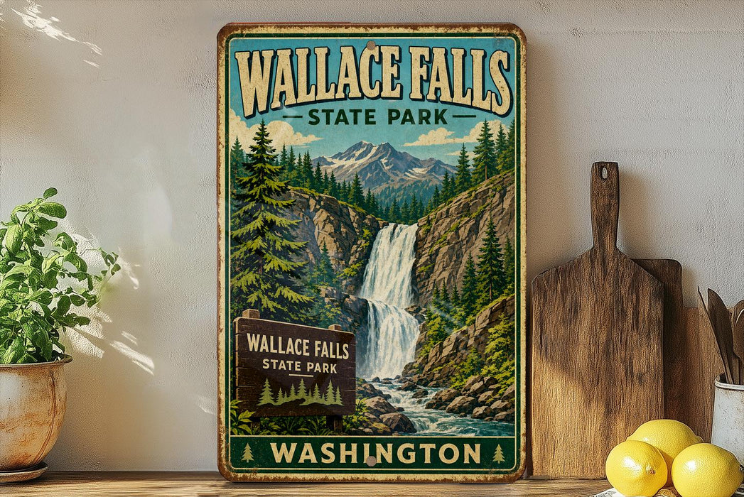 A vintage-style poster of Wallace Falls State Park in Washington, featuring a waterfall surrounded by pine trees and mountains.