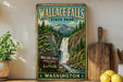 A vintage-style poster of Wallace Falls State Park in Washington, featuring a waterfall surrounded by pine trees and mountains.