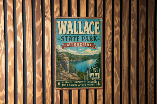 A vintage-style metal sign for Wallace State Park in Missouri, featuring a scenic landscape with a lake and mountains.
