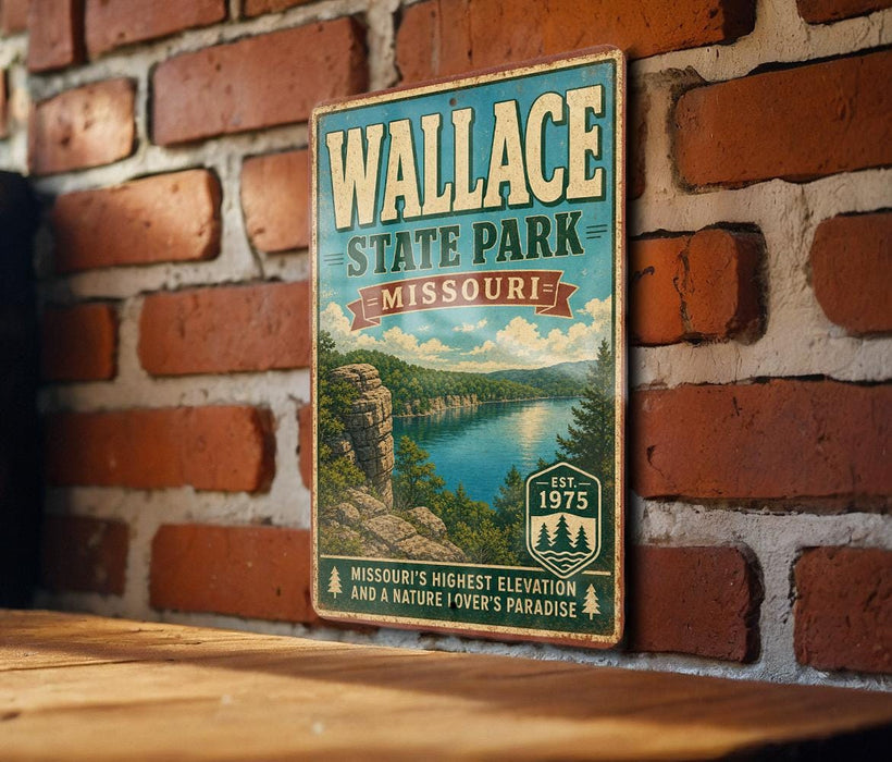 A vintage-style metal sign for Wallace State Park in Missouri, featuring a scenic landscape with a lake and mountains.