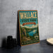 A vintage-style metal sign for Wallace State Park in Missouri, featuring a scenic landscape with a lake and mountains.