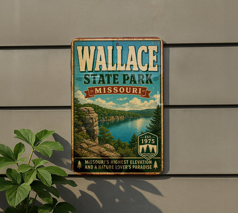 A vintage-style metal sign for Wallace State Park in Missouri, featuring a scenic landscape with a lake and mountains.