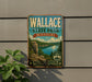 A vintage-style metal sign for Wallace State Park in Missouri, featuring a scenic landscape with a lake and mountains.