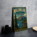 A vintage-style metal sign for Wallow Lake State Park in Oregon, featuring a scenic landscape with mountains, a lake, and colorful wildflowers.