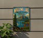 A vintage-style metal sign for Wallowa Lake State Park in Oregon, featuring a scenic mountain landscape with a lake and colorful wildflowers.