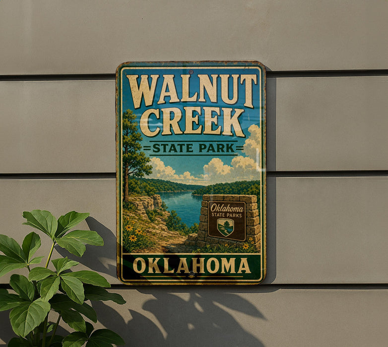A vintage-style metal sign for Walnut Creek State Park in Oklahoma, featuring a scenic landscape with a lake and mountains.