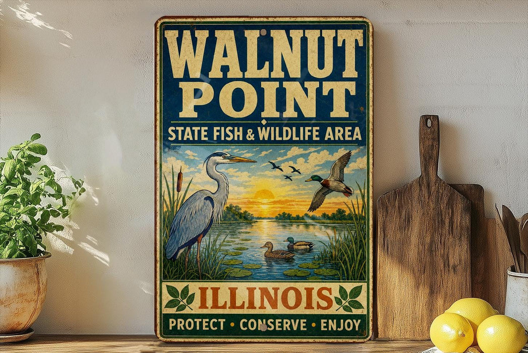 A vintage-style sign for Walnut Point State Fish & Wildlife Area in Illinois, featuring illustrations of birds and a sunset over a lake.