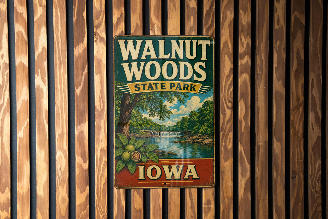 A vintage-style metal sign for Walnut Woods State Park in Iowa, featuring a scenic illustration of the park's landscape.