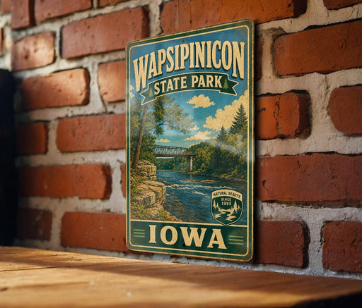 A vintage-style metal sign for Wapsipicon State Park in Iowa, featuring a scenic landscape with a river and bridge.