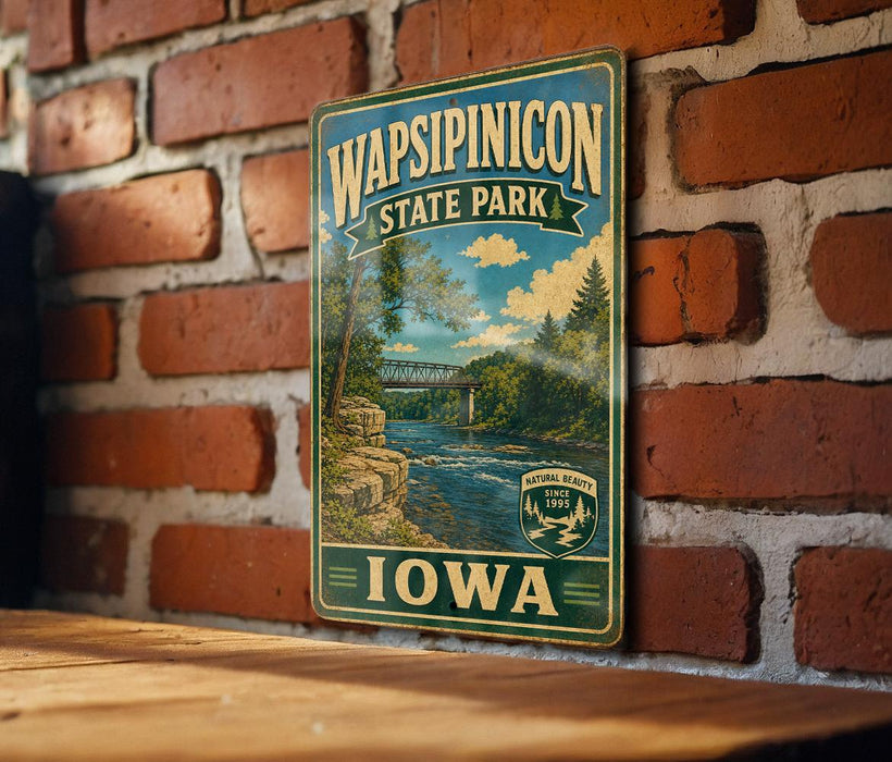 A vintage-style metal sign for Wapsipicon State Park in Iowa, featuring a scenic landscape with a river and bridge.
