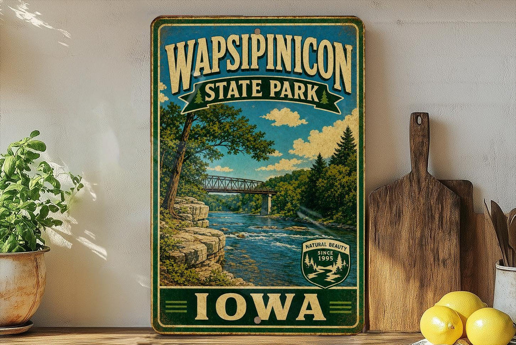 A vintage-style metal sign for Wapsipenic State Park in Iowa, featuring a scenic landscape with a river, bridge, and trees.
