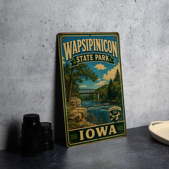 A vintage-style metal sign for Wapsipinicon State Park in Iowa, featuring a scenic illustration of a river and forest landscape.