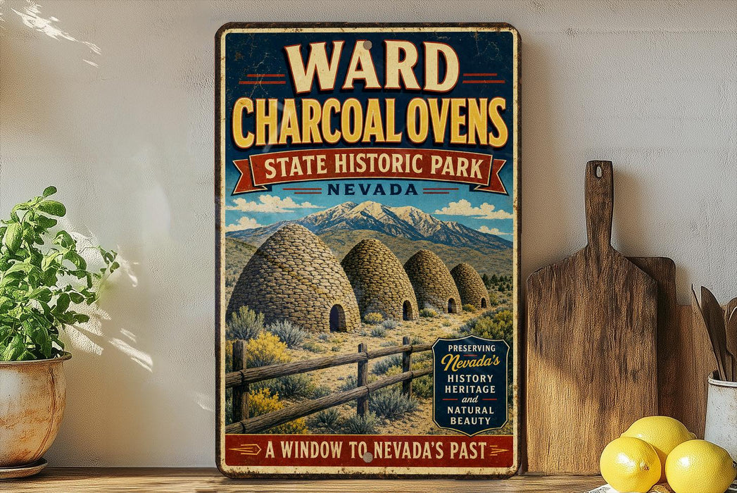 A vintage-style poster advertising Ward Charcoal Oven State Historic Park in Nevada, featuring a scenic illustration of traditional teepees and mountains.