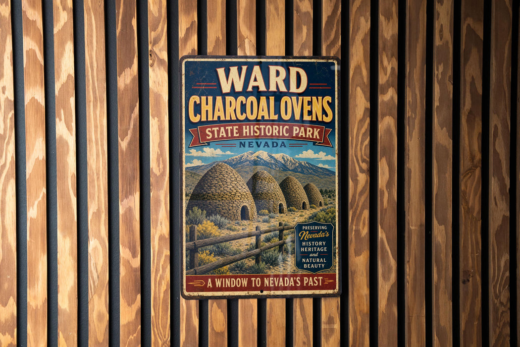 A vintage-style metal sign for Ward Charcoal Oven State Historic Park in Nevada, featuring a scenic illustration of traditional teepees and mountains.