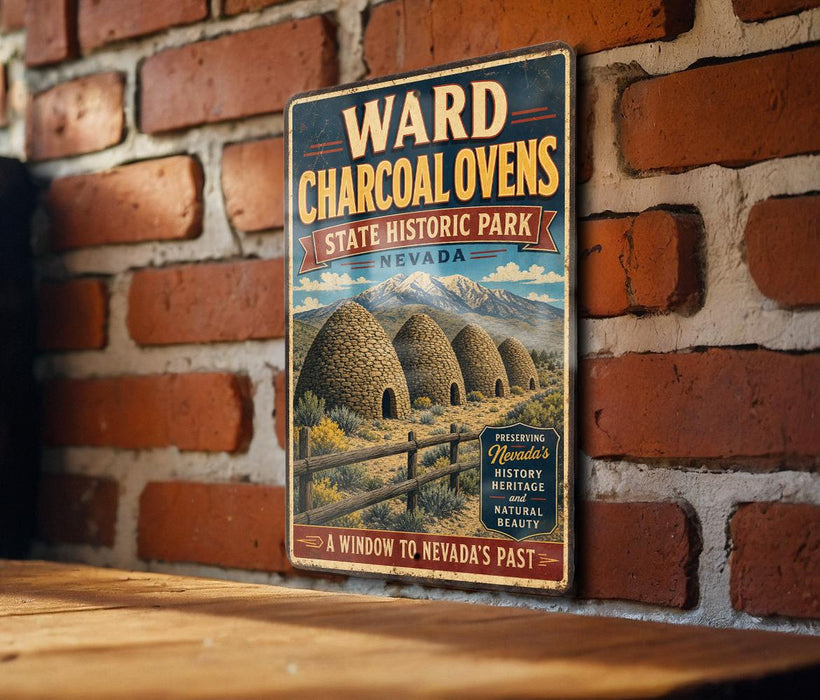 A vintage-style metal sign for Ward Charcoal Ovens in State Historic Park, Nevada, featuring a scenic illustration of traditional teepees and mountains.