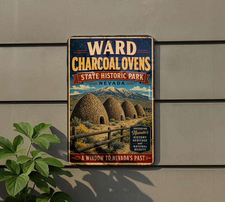 A vintage-style metal sign for Ward Charcoal Oven State Historic Park in Nevada, featuring a scenic illustration of traditional teepees and mountains.