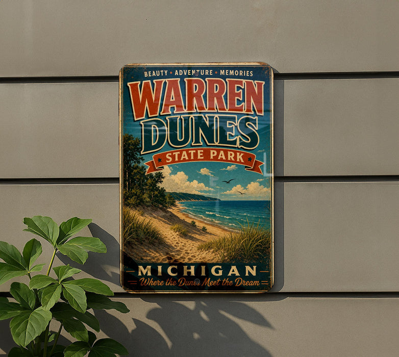 A vintage-style sign for Warren Dunes State Park in Michigan, featuring a scenic beach landscape with sand dunes and a body of water.