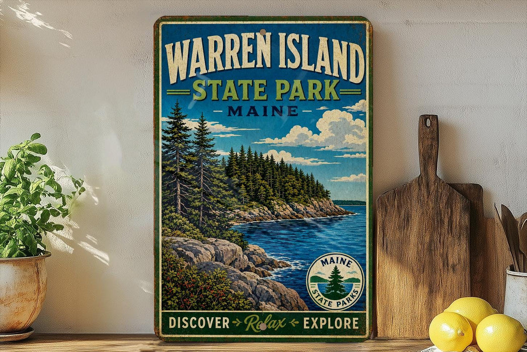 A vintage-style sign for Warren Island State Park in Maine, featuring a scenic landscape with pine trees, a rocky coastline, and a body of water.