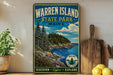 A vintage-style sign for Warren Island State Park in Maine, featuring a scenic landscape with pine trees, a rocky coastline, and a body of water.