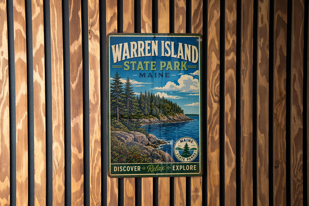 A vintage metal sign for Warren Island State Park in Maine, featuring a scenic landscape with pine trees, rocky cliffs, and a body of water.