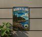 A vintage-style metal sign for Warren Island State Park in Maine, featuring a scenic landscape with pine trees, a rocky coastline, and a body of water.