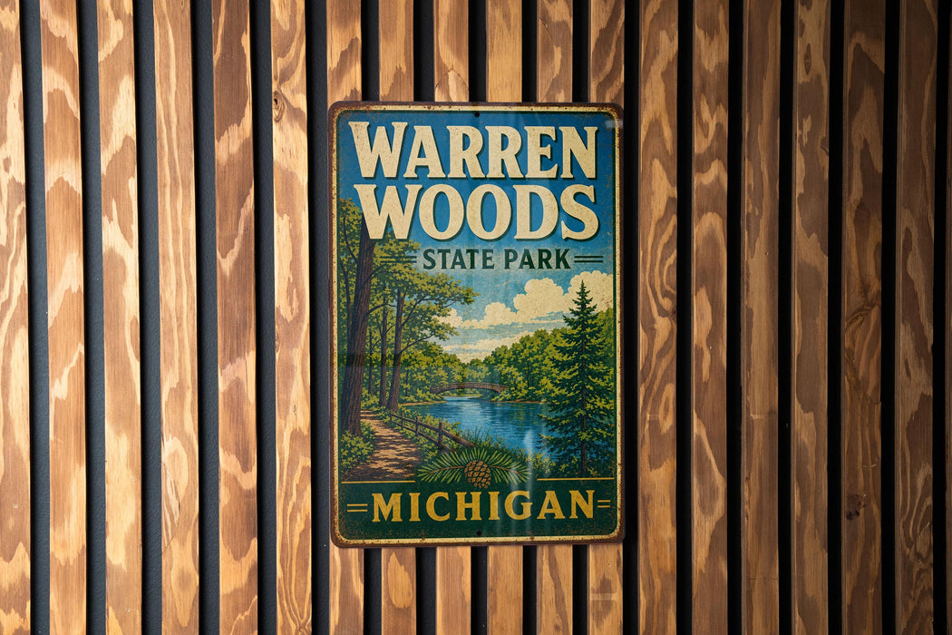 A vintage metal sign for Warren Woods State Park in Michigan, featuring a scenic illustration of a forest and a river.