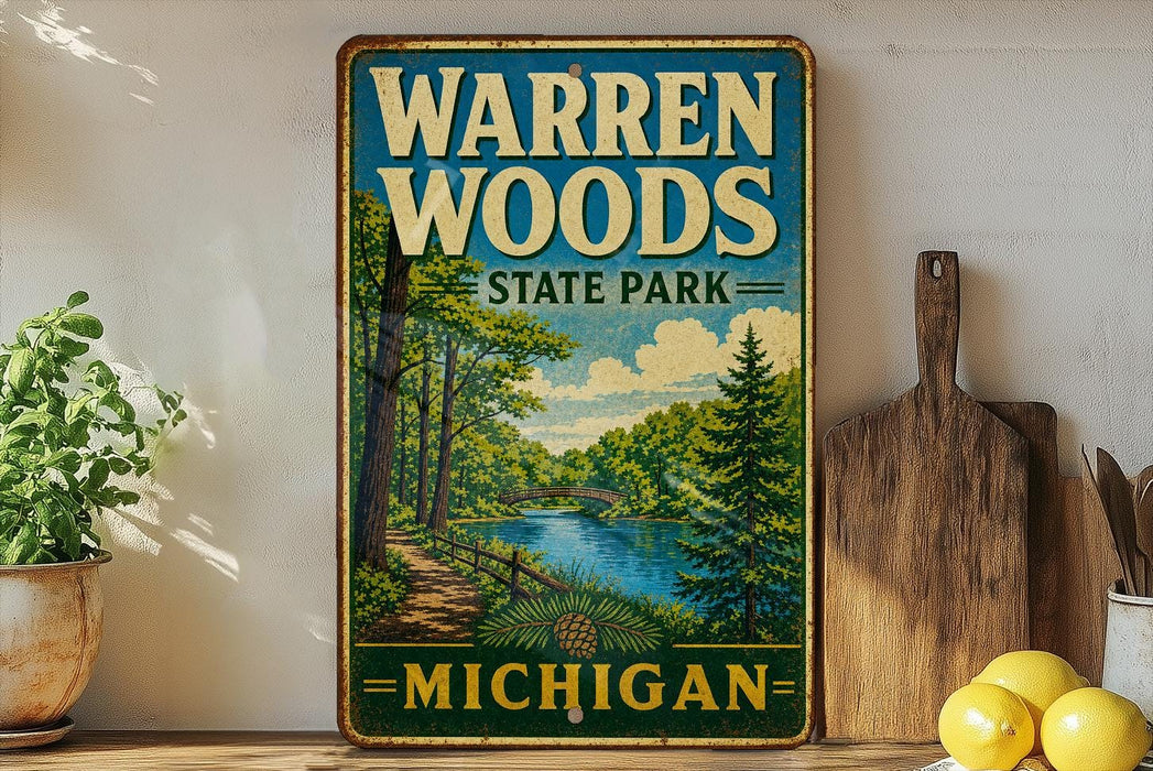 A vintage-style sign for Warren Woods State Park in Michigan, featuring a scenic illustration of a forest and a river.