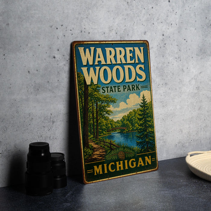 A vintage-style metal sign for Warren Woods State Park in Michigan, featuring a scenic illustration of the park's natural surroundings.