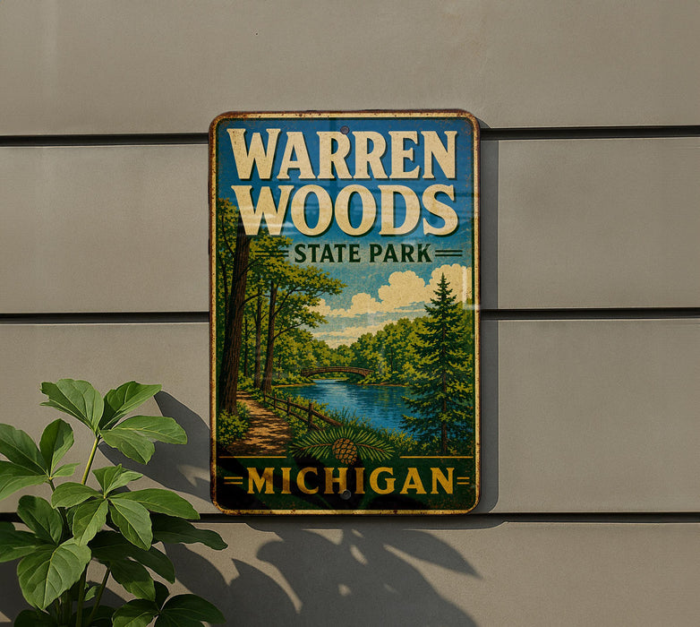 A vintage metal sign for Warren Woods State Park in Michigan, featuring a scenic illustration of a forest and a lake.