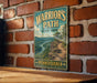 A vintage metal sign for Warrior's Path State Park in Pennsylvania, featuring a scenic mountain landscape with a winding trail.