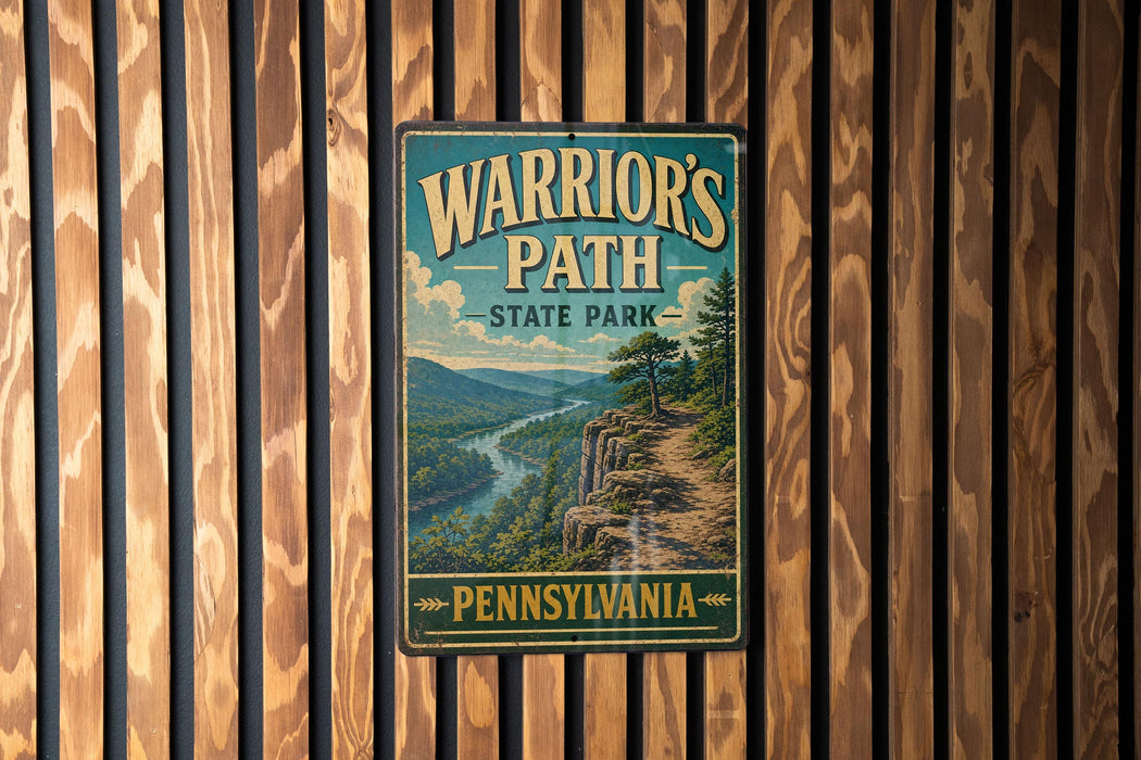 A vintage metal sign for Warrior's Path State Park in Pennsylvania, featuring a scenic mountain landscape.