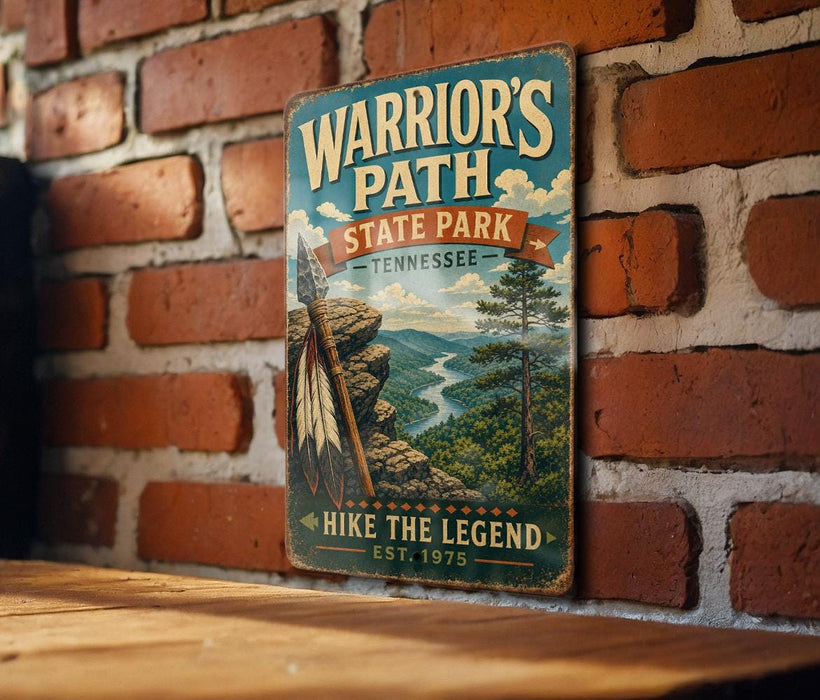 A vintage-style metal sign for "Warrior's Path" in Tennessee, featuring a scenic mountain landscape with a river and pine trees.