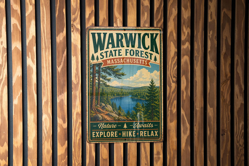 A vintage metal sign for Warwick State Forest in Massachusetts, featuring a scenic image of a lake surrounded by pine trees and mountains.