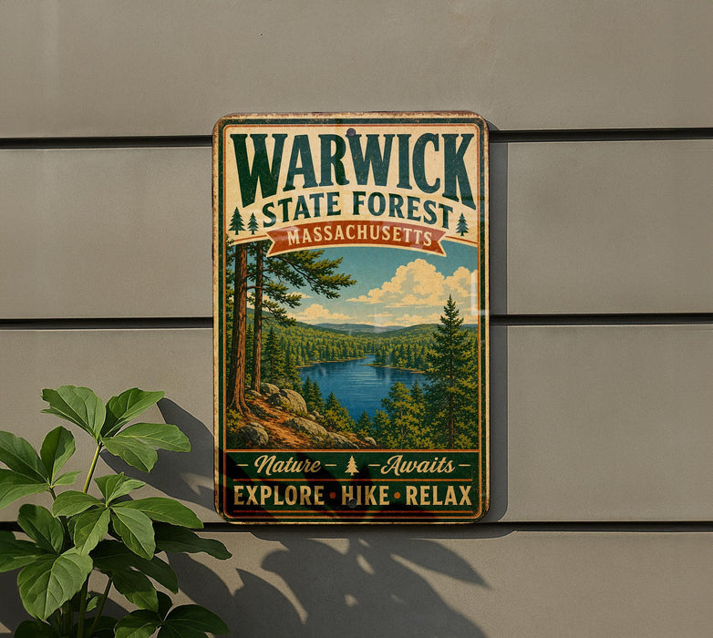 A vintage metal sign for Warwick State Forest in Massachusetts, featuring a scenic landscape with a lake and pine trees.