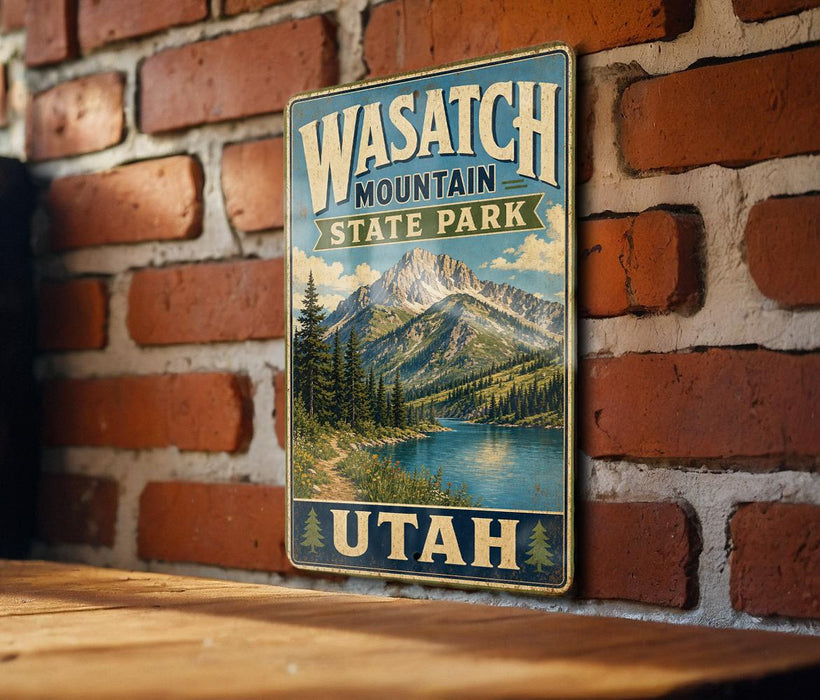 A vintage-style metal sign for Wasatch Mountain State Park in Utah, featuring a scenic mountain landscape with pine trees and a lake.