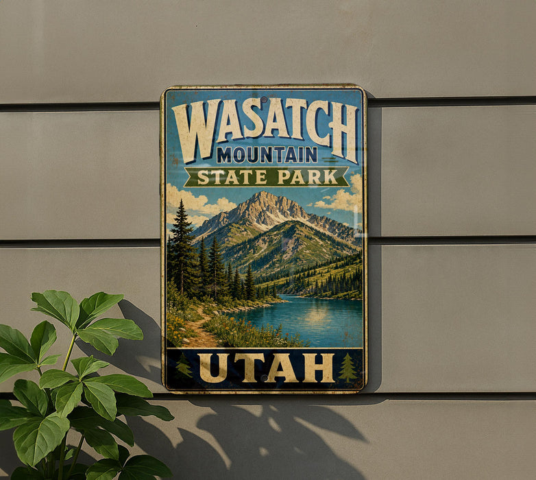 A vintage-style metal sign for Wasatch Mountain State Park in Utah, featuring a scenic mountain landscape with pine trees and a lake.