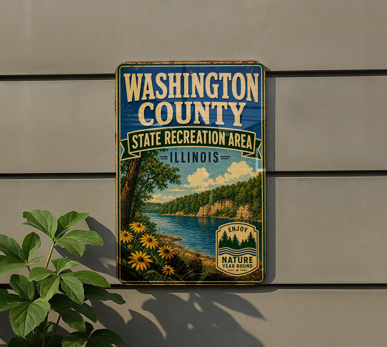 A vintage-style metal sign for Washington County, Illinois, featuring a scenic landscape with a river, trees, and flowers.