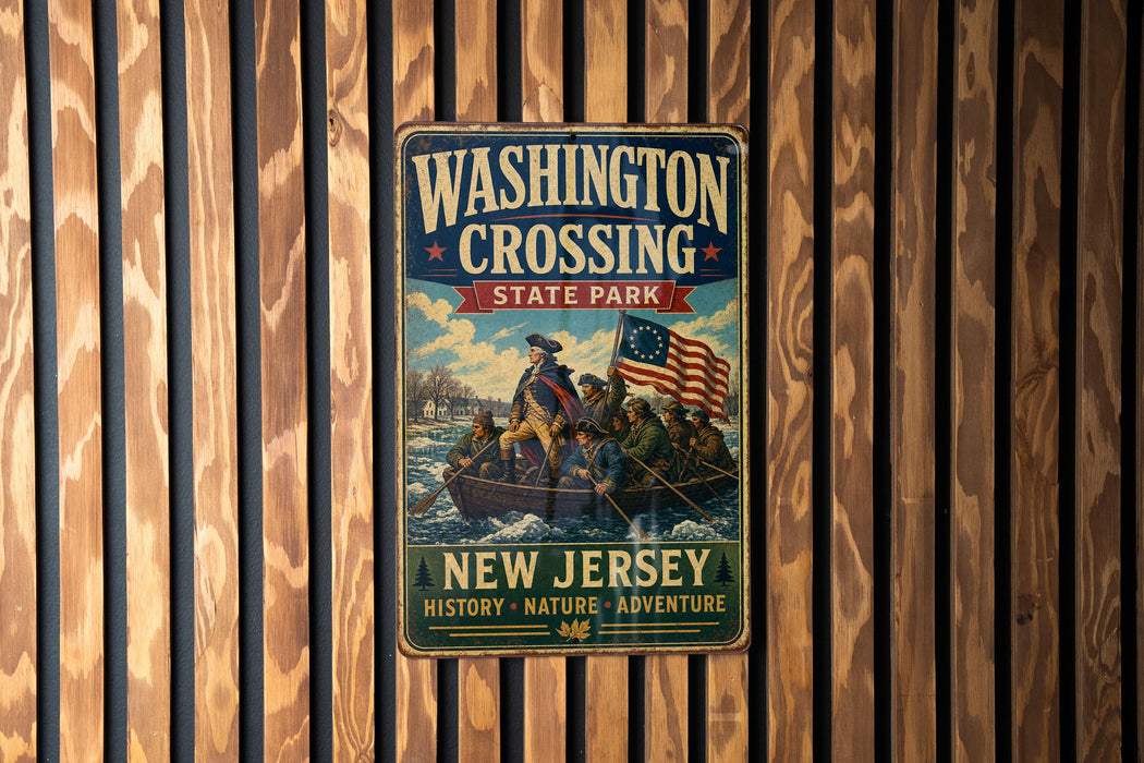 A vintage-style metal sign for Washington Crossing State Park in New Jersey, featuring an illustration of a group of people in a boat with an American flag.