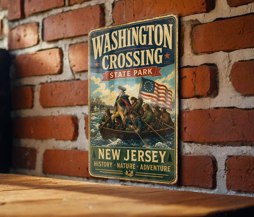 A vintage metal sign for Washington Crossing State Park in New Jersey, featuring an illustration of a group of people in a boat on a river.