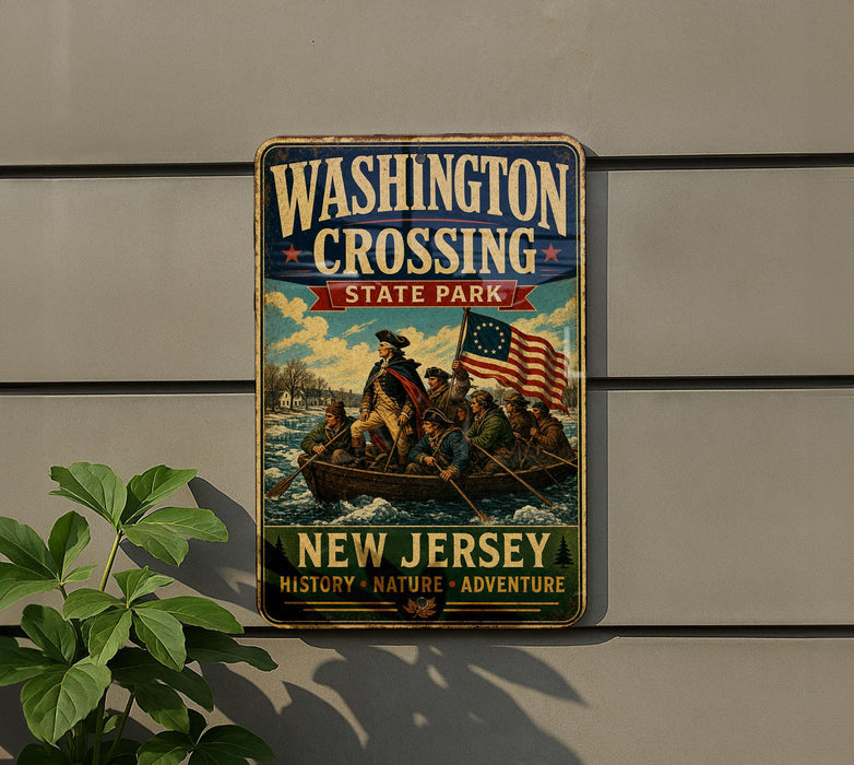 A vintage-style metal sign for Washington Crossing State Park, featuring an illustration of a group of people in a boat with an American flag, mounted on a wall.