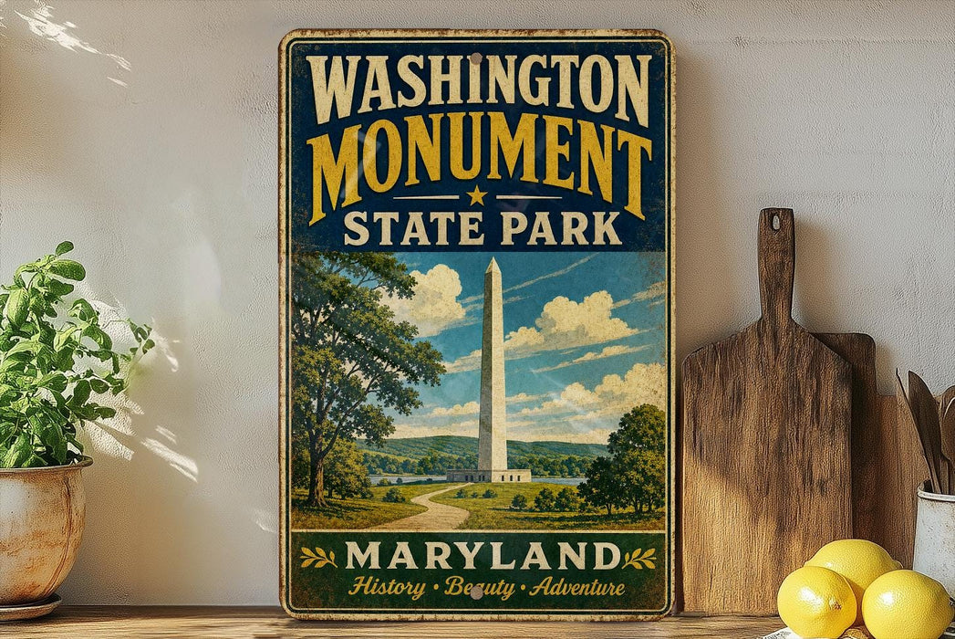 A vintage-style sign for Washington Monument State Park in Maryland, featuring an illustration of the monument surrounded by trees and a path leading to the monument.