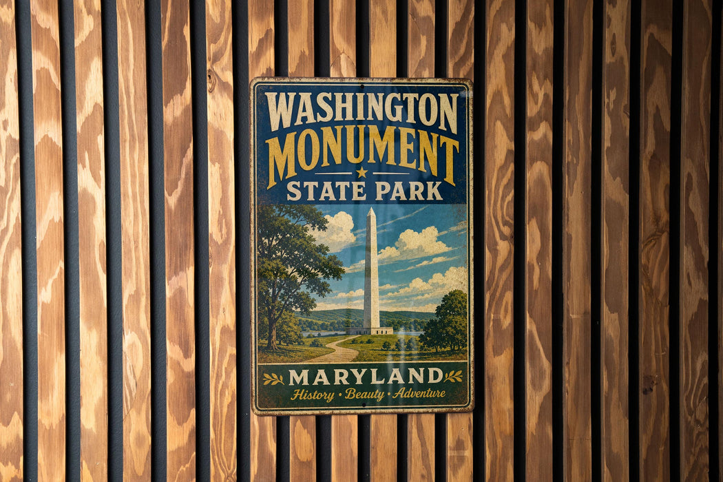 A vintage-style metal sign for Washington Monument State Park in Maryland, featuring a scenic image of the monument surrounded by trees and a lake.