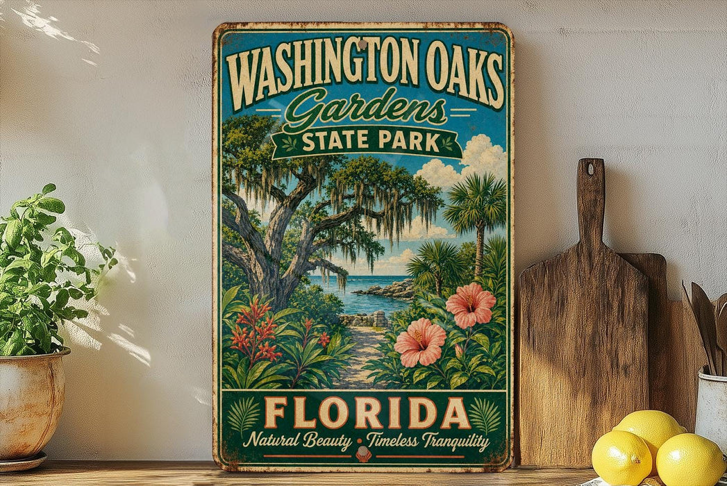 A vintage-style sign for Washington Oaks Gardens State Park in Florida, featuring a tropical landscape with palm trees, flowers, and a path leading to the park.