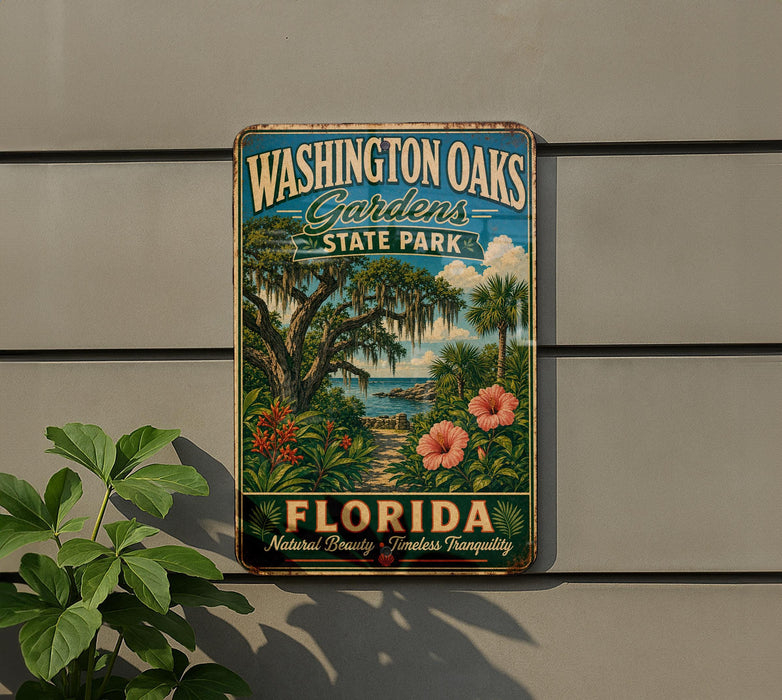 A vintage-style metal sign for Washington Oaks Gardens State Park in Florida, featuring a tropical landscape with palm trees, flowers, and a beach.