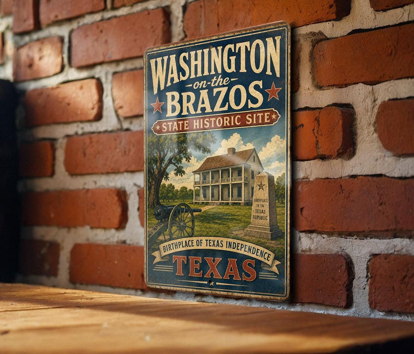 A vintage-style metal sign with the text "WASHINGTON on the BRAZOS" and "State Historic Site" is displayed on a brick wall.