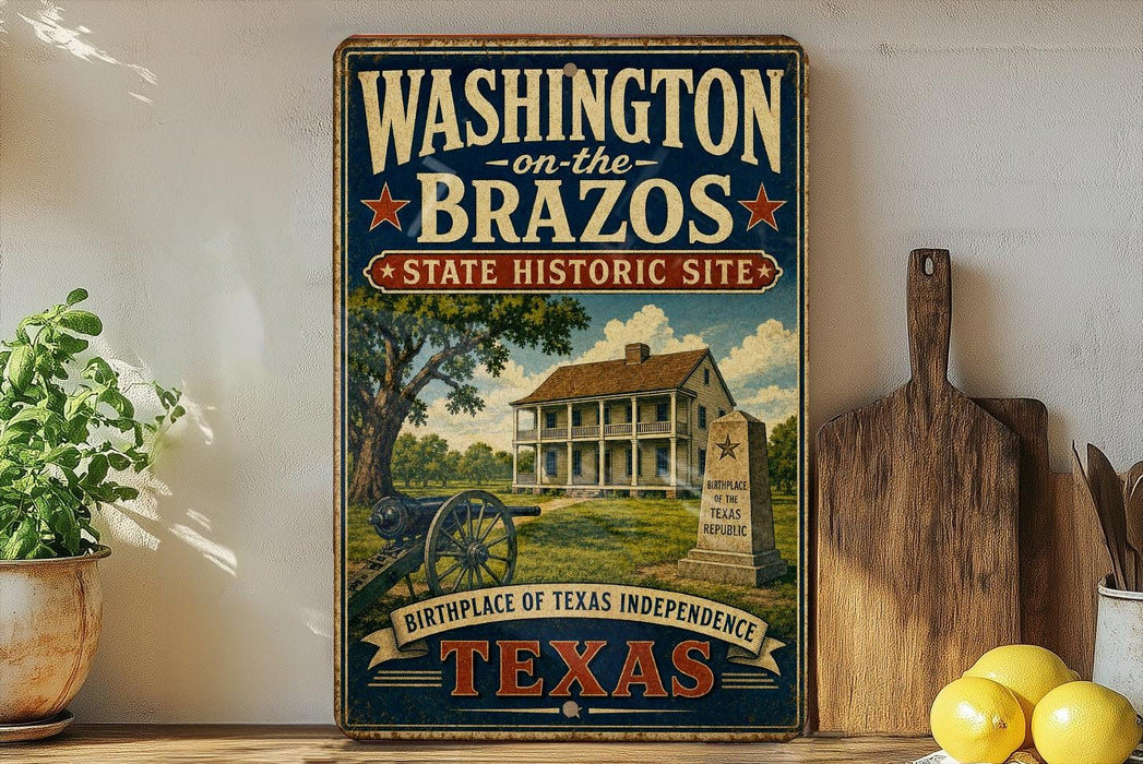 A vintage-style sign for Washington on the Brazos State Historic Site, featuring an illustration of a historic house and a cannon, with the text "Birthplace of Texas Independence" and "Texas" at the bottom.