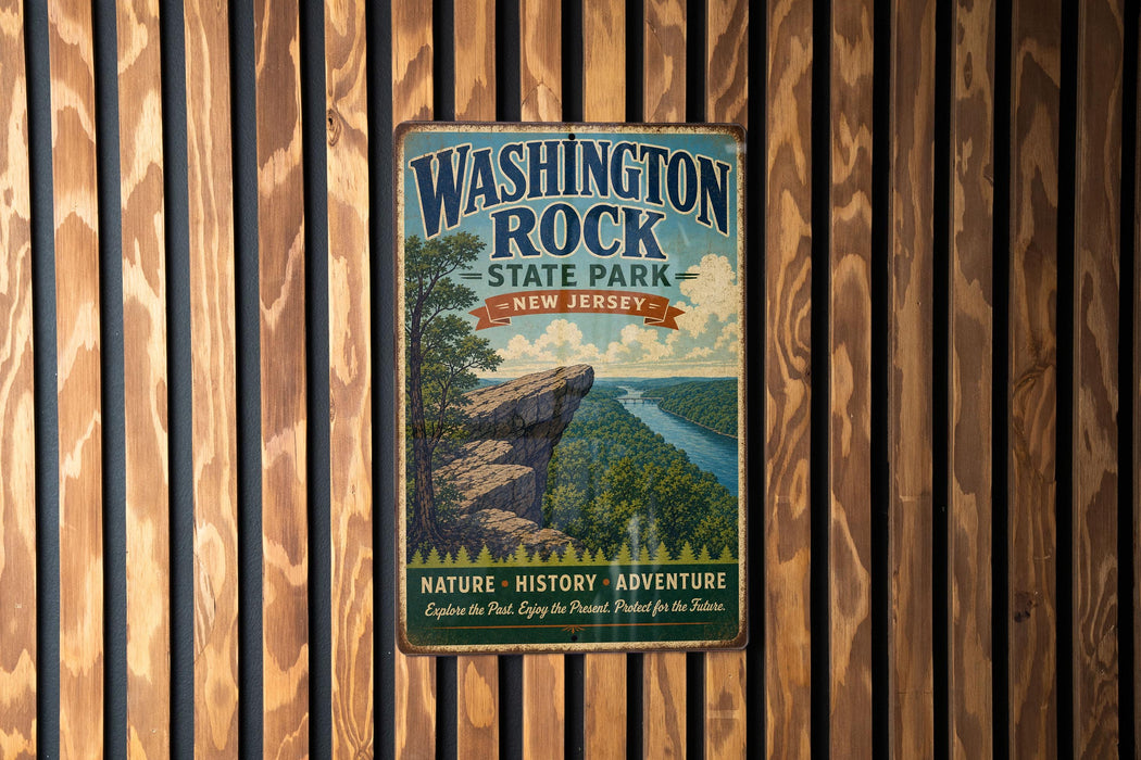 A vintage metal sign for Washington Rock State Park in New Jersey, featuring a scenic landscape with a cliff and river.