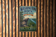 A vintage metal sign for Washington Rock State Park in New Jersey, featuring a scenic landscape with a cliff and river.