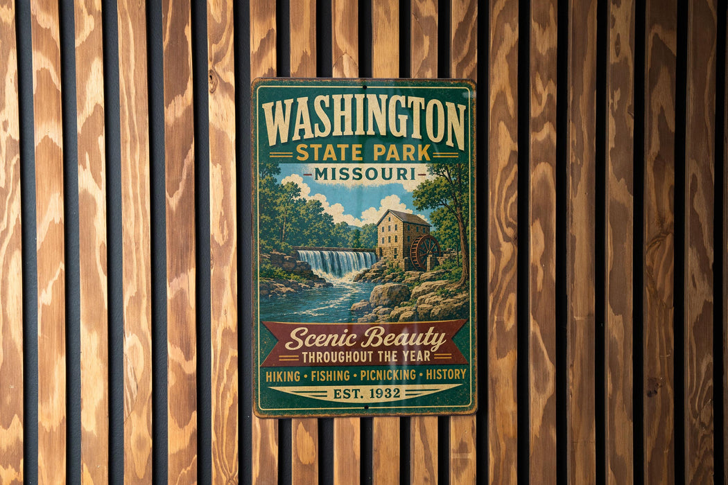 A vintage metal sign for Washington State Park in Missouri, featuring a scenic illustration of a waterfall and a building.