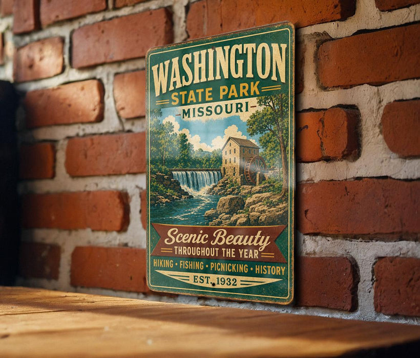 A vintage-style metal sign for Washington State Park, Missouri, featuring a scenic illustration of a waterfall and a house.